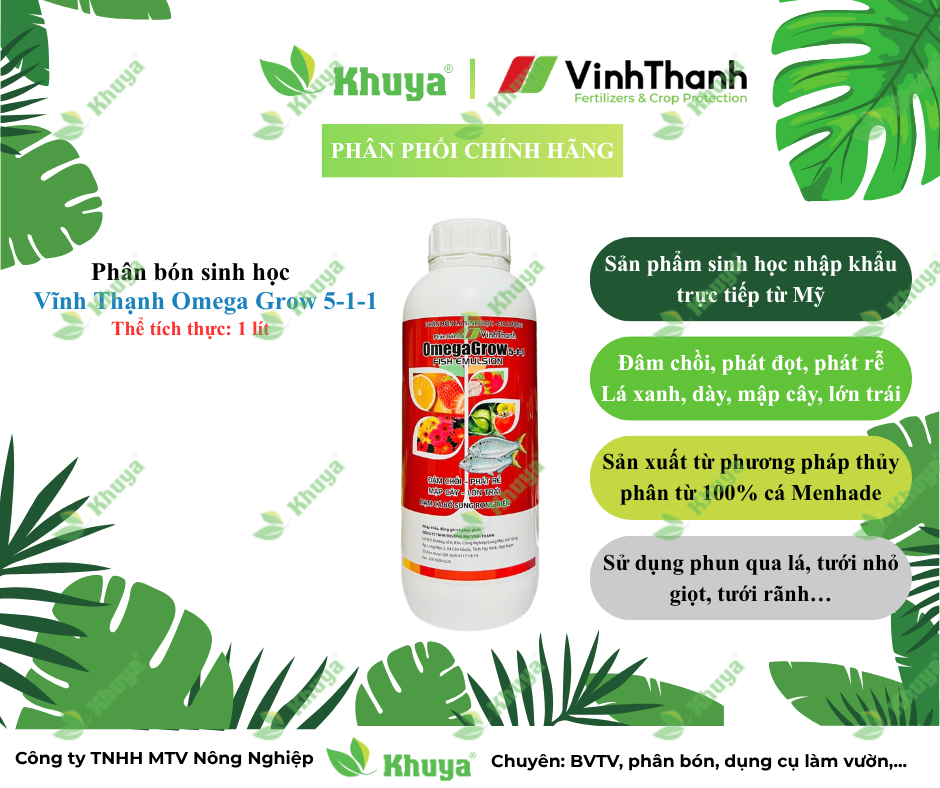 Phân bón sinh học Vĩnh Thạnh OmegaGrow 5-1-1 (chai 1 lít) 100% Đạm Cá Mỹ