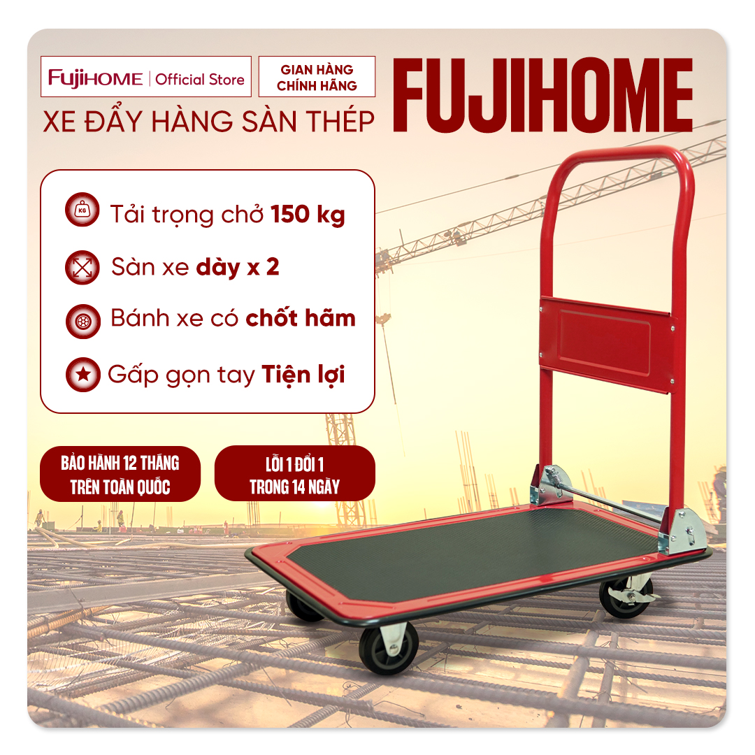 Xe đẩy hàng 4 bánh gấp gọn sàn thép FUJIHOME nhập khẩu, xe kéo hàng xếp gọn, bánh xe có chốt hãm – hàng chính hãng – HT-415 150KG