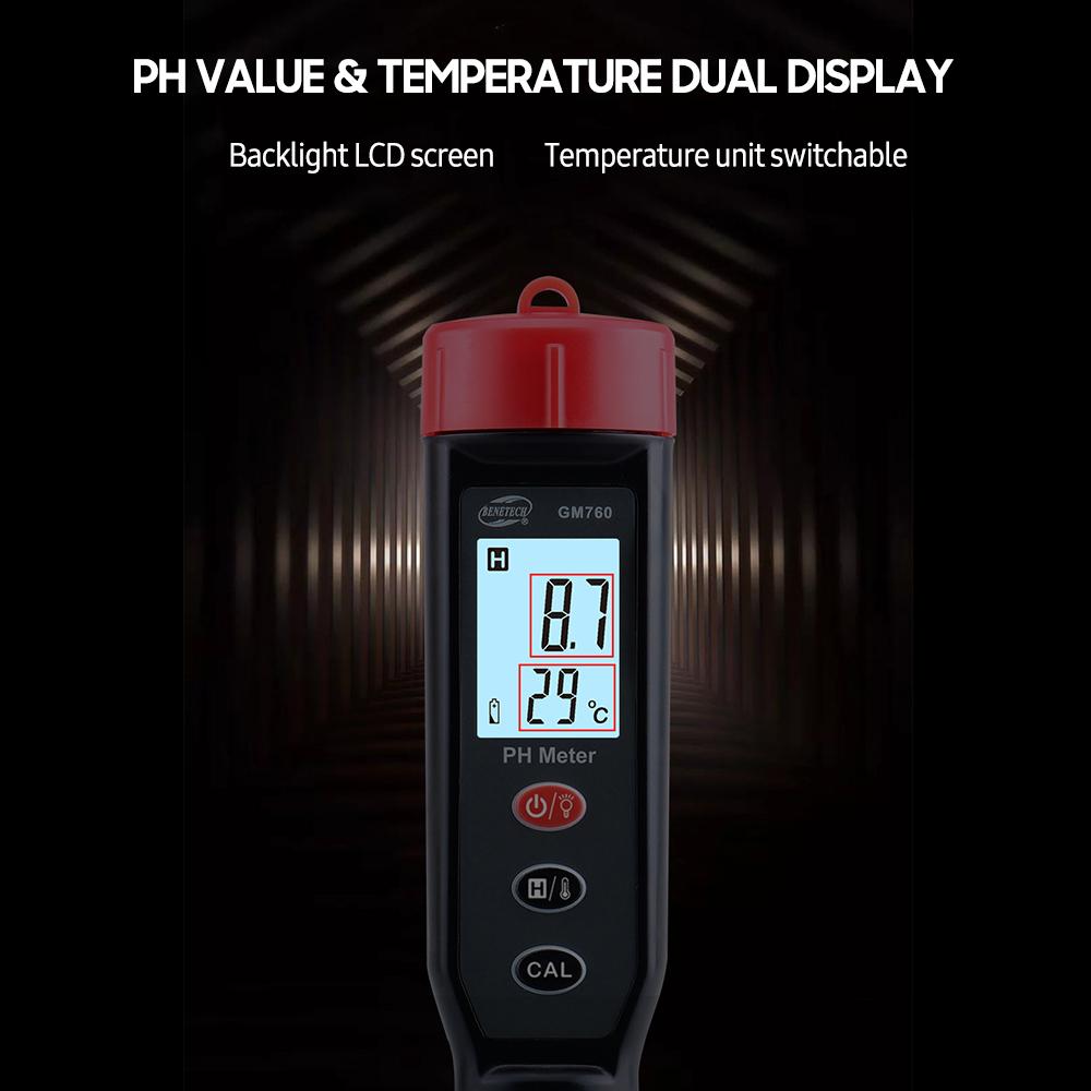 GM760 Digital PH Meter High Accuracy Water Quality Tester 2 in 1 PH/Temperature Pen ATC LCD Display Data Hold Portable PH Kit for Household Drinking Swimming Pool Aquarium