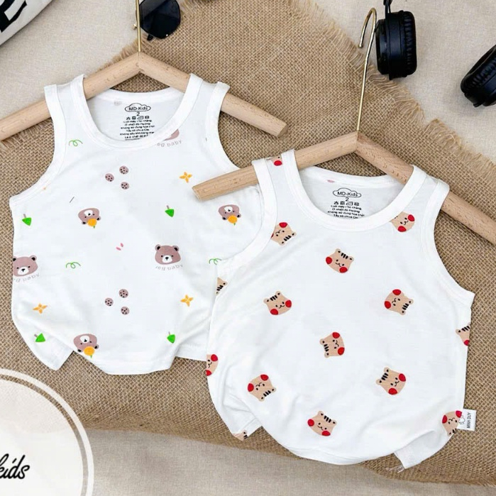 [4-14kg] Áo Ba Lỗ Sát Nách THUN LẠNH PETIT Trắng Họa Tiết Dễ Thương Cho Bé