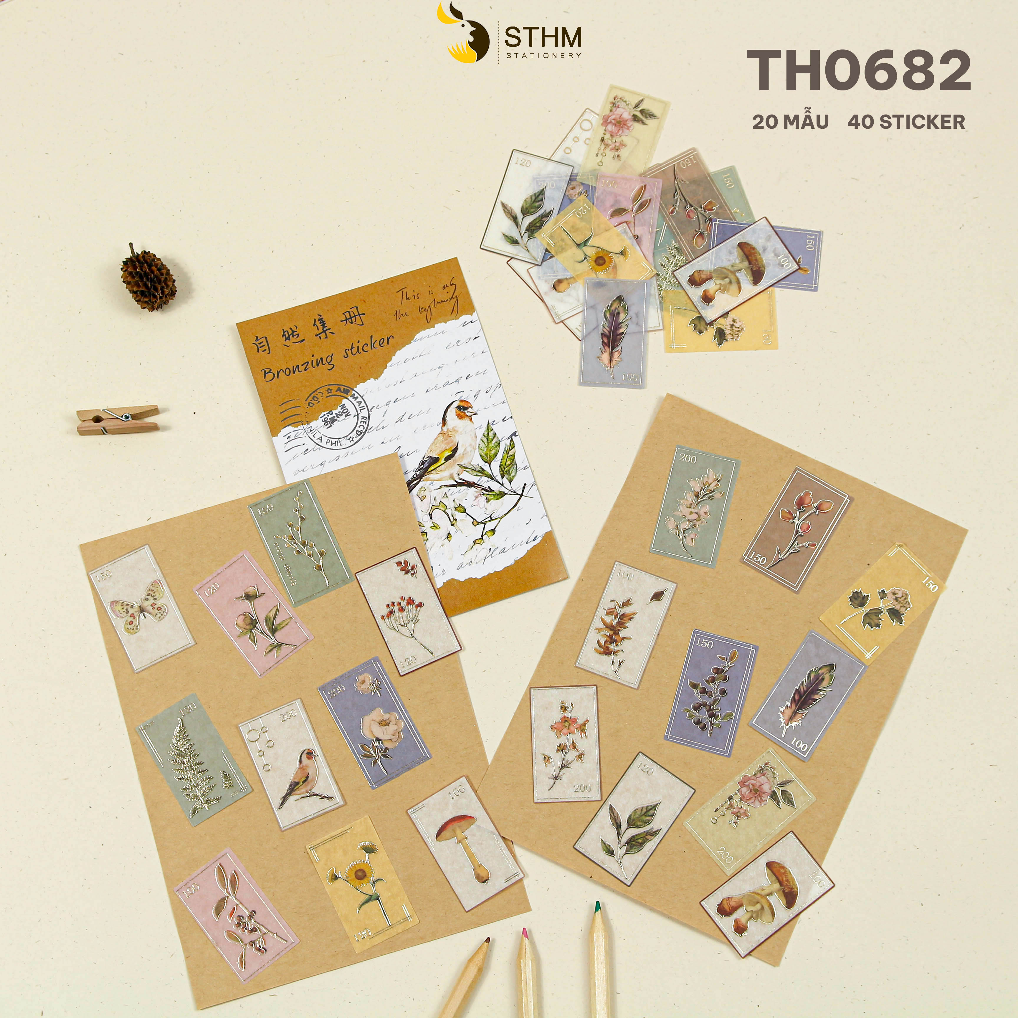 Sticker xấp 40 tờ - 20 mẫu có ánh kim - Phụ kiện trang trí sổ tay vintage - STHM stationery