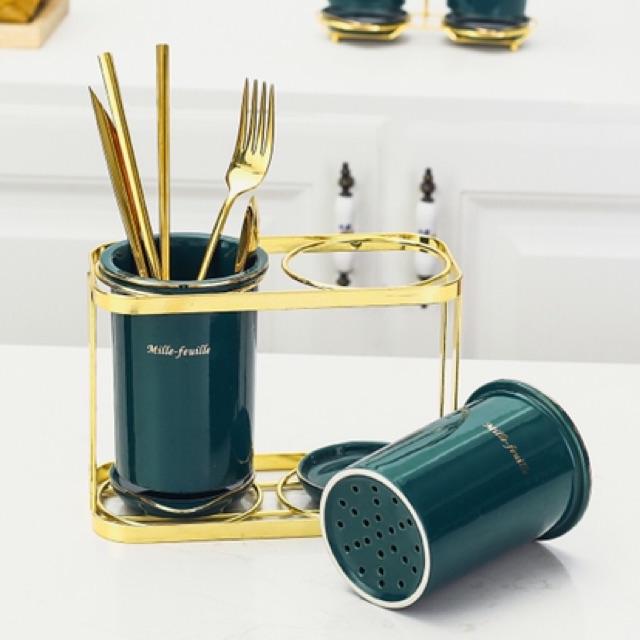 Bộ ống đũa sứ xanh cổ vịt khug mạ vàng