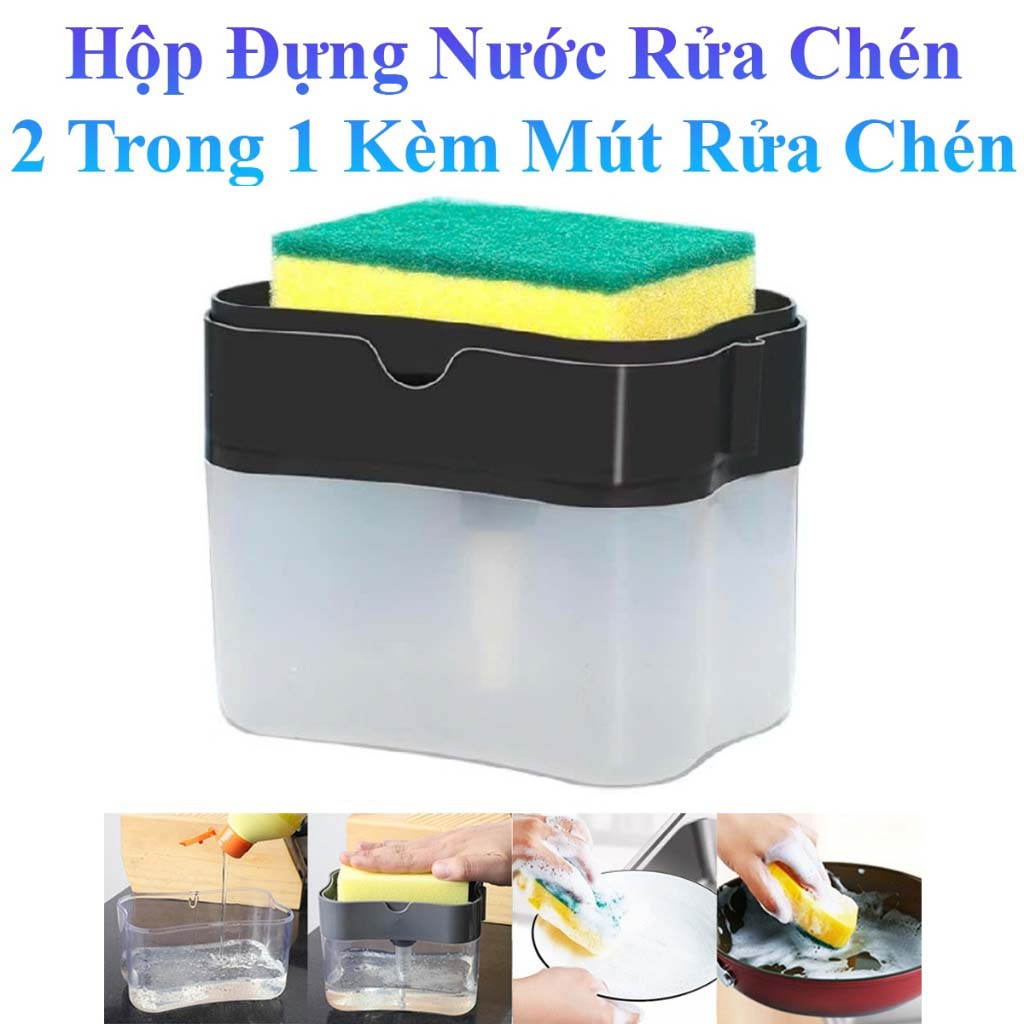 Hộp Đựng Nước Rửa Chén Tự Động Bơm Khi Ấn Xuống Kèm Mút Rửa Chén