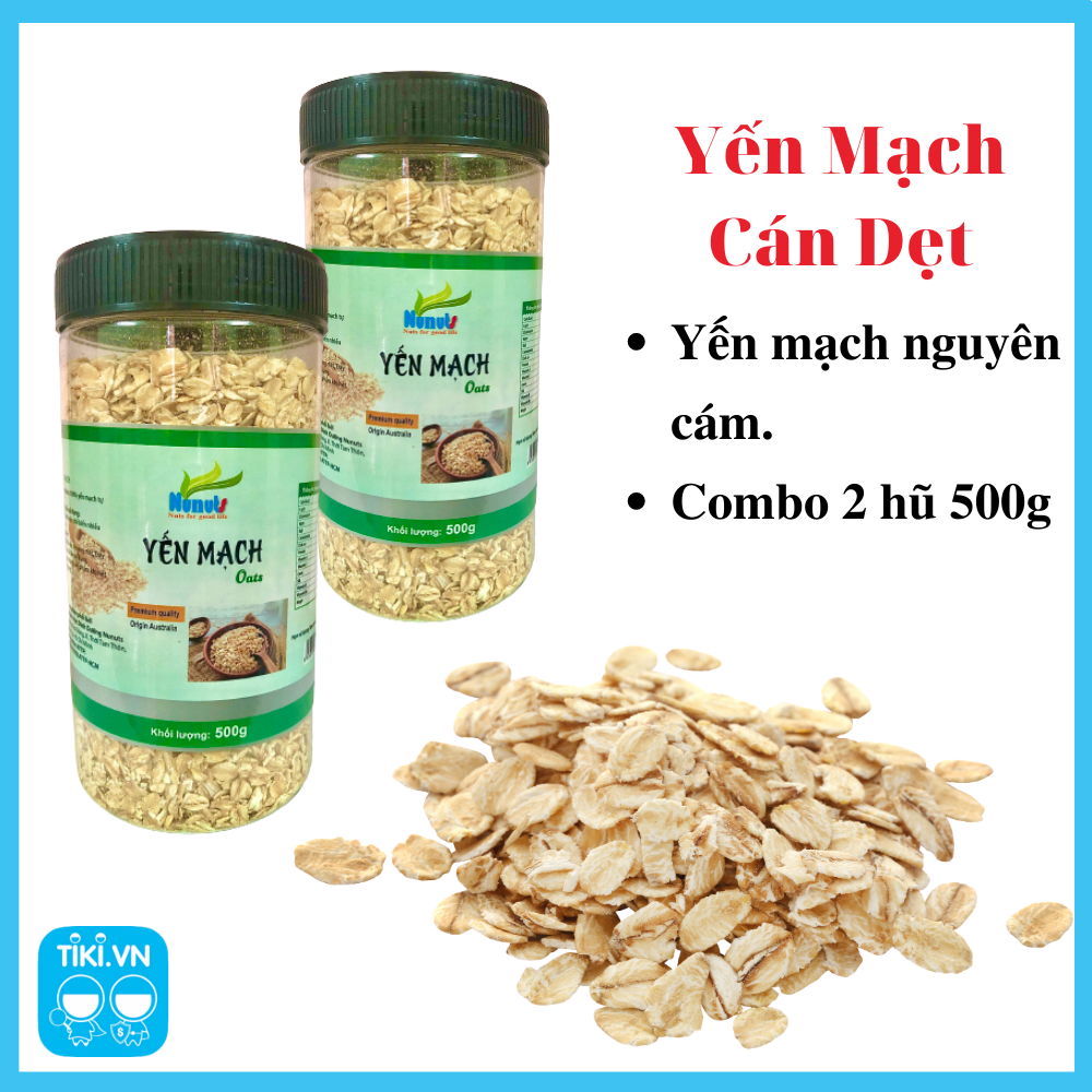 1kg yến mạch cán dẹt Nunuts nguyên cám, hữu cơ, không chất bảo quản, nguyên vị (2 hũ 500g)