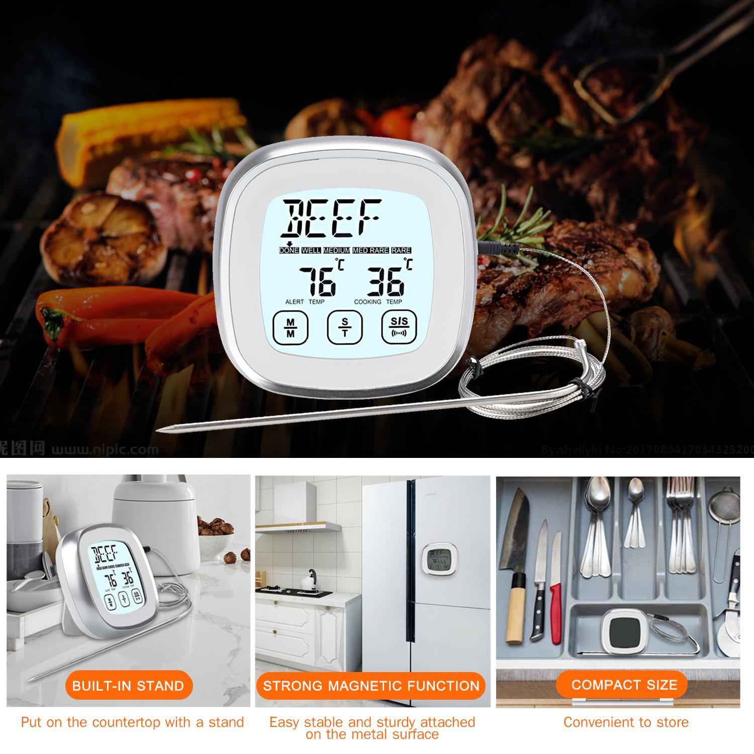 Digital Meat Thermometer for Oven BBQ Grill Kitchen Food Smoker Cooking Backlight Touchscree with Timer Alarm and A