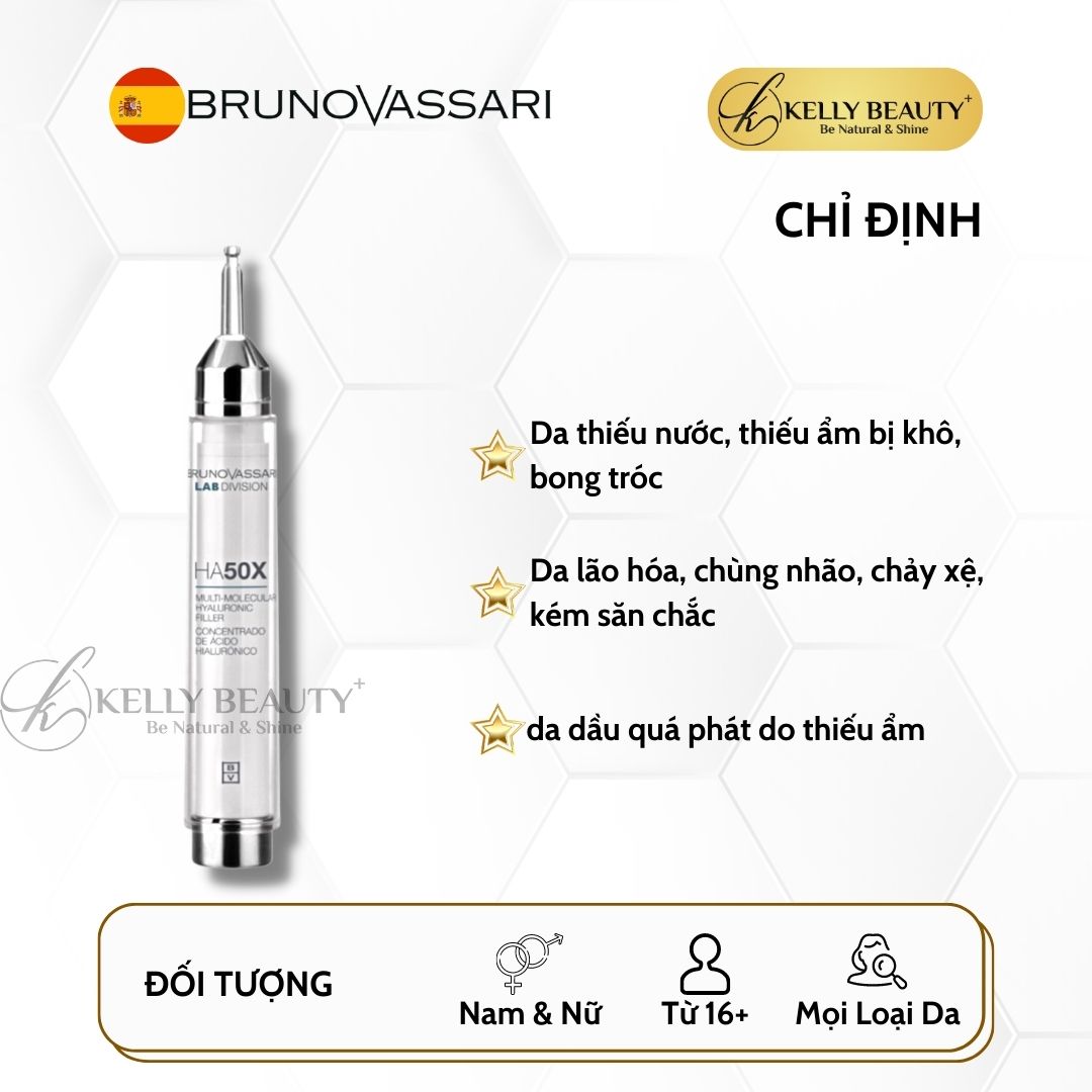 Huyết Thanh HA Siêu Cấp Ẩm Bruno Vassari HA50X Hyaluronic Multi Molecular Filler - Cấp Ẩm Đa Tầng, Săn Da - Kelly Beauty