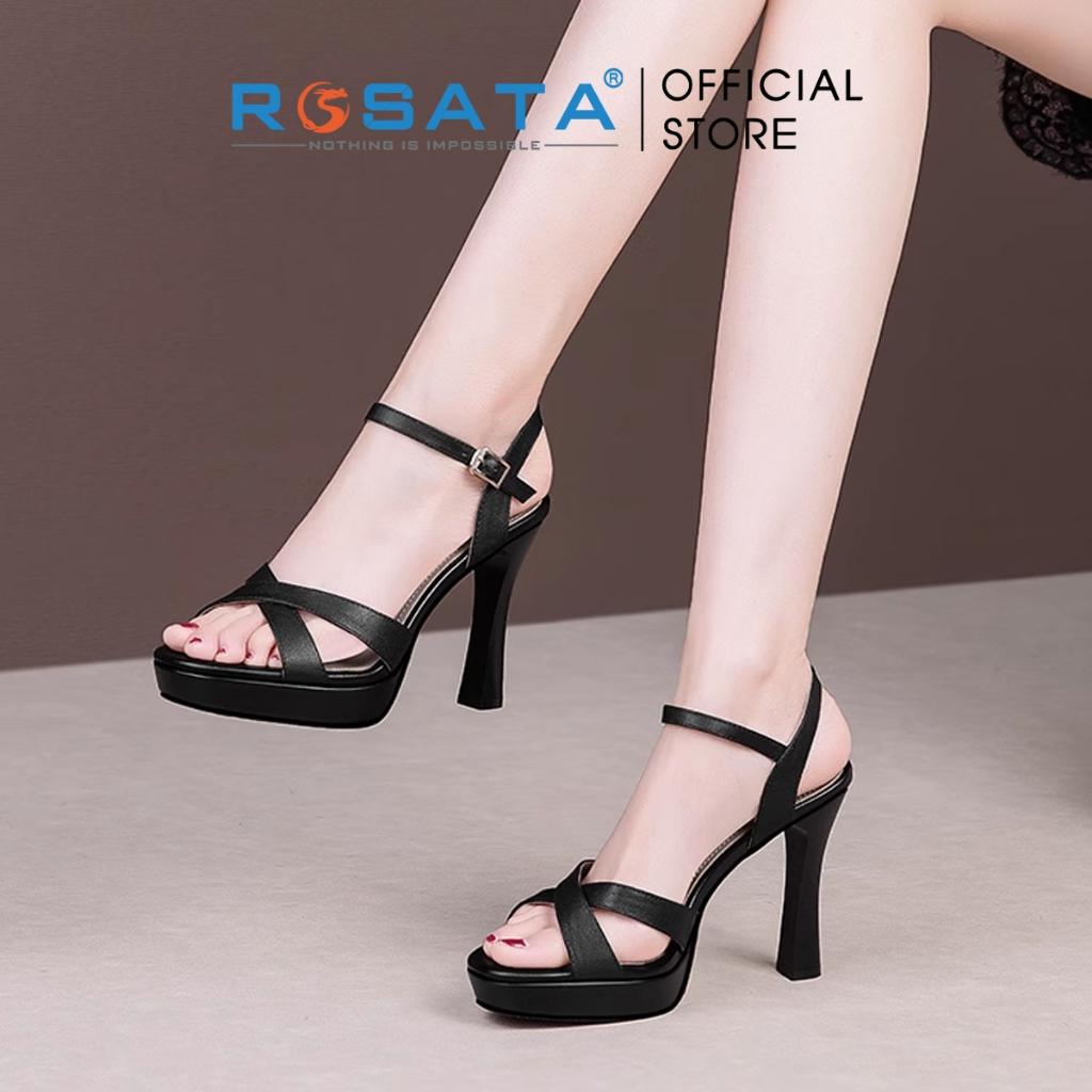 Giày sandal cao gót nữ đế vuông 9 phân mũi tròn quai hậu cài khóa dây mảnh ROSATA RO600 ( Bảo Hành 12 Tháng ) - ĐEN