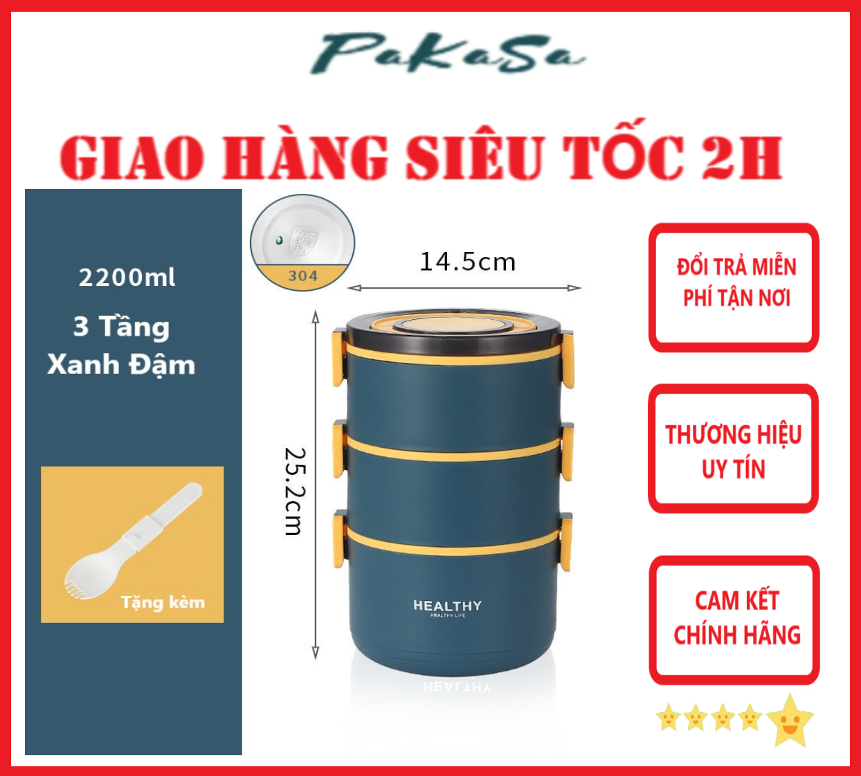 Cà Mèn 3 Tầng Giữ Nhiệt Lõi Inox 304 Cao Cấp Có Thể Tách Rời HEALTHY - Hàng Chính Hãng 