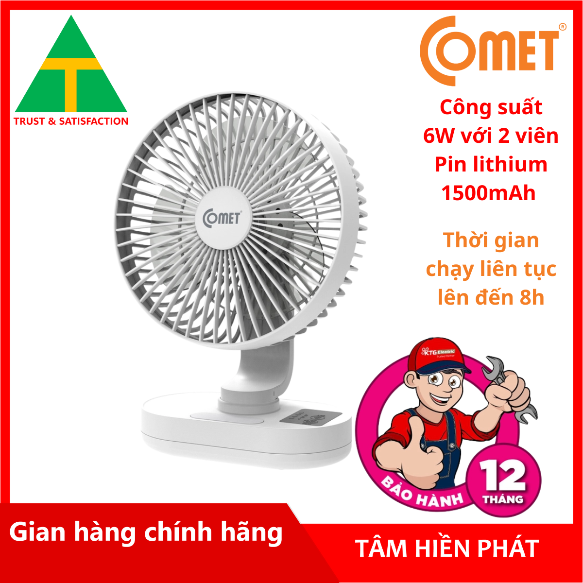 Quạt sạc đa năng Comet CRF1406 có đèn Led, pin Lithium 2 viên x 1500 mAh - Hàng chính hãng