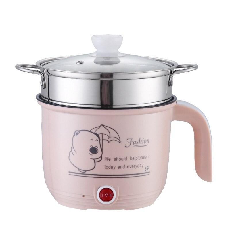 Nồi lẩu điện mini 1,8L có kèm vỉ hấp inox nắp thủy tinh - Ca nấu mì nấu cơm hấp trứng đa năng