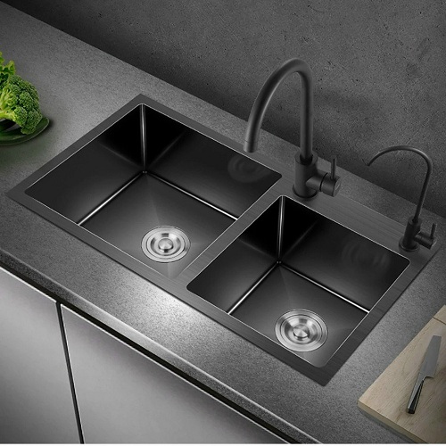 [TẶNG RỔ+ THỚT] Chậu rửa bát 2 hố nano đen kích thước 80x45cm công nghệ phủ nano chống bám dính, chống trầy xước