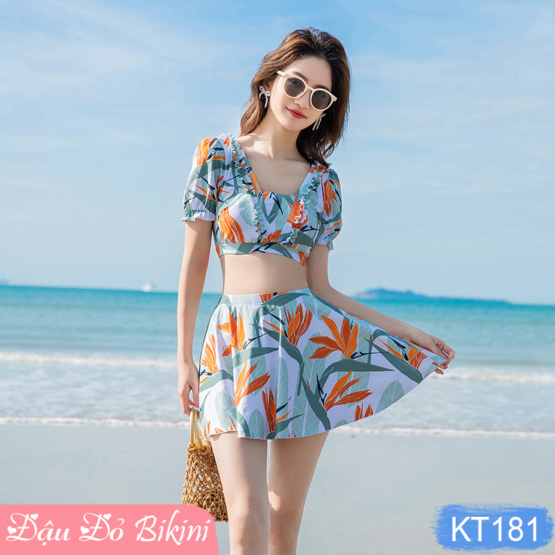 Bộ bơi 2 mảnh nữ thời trang, áo croptop vai bèo &amp; quần váy điệu xinh, lưng trần cách điệu sexy, thun bơi co giãn cao, thoải mái dễ chịu khi mặc | KT181
