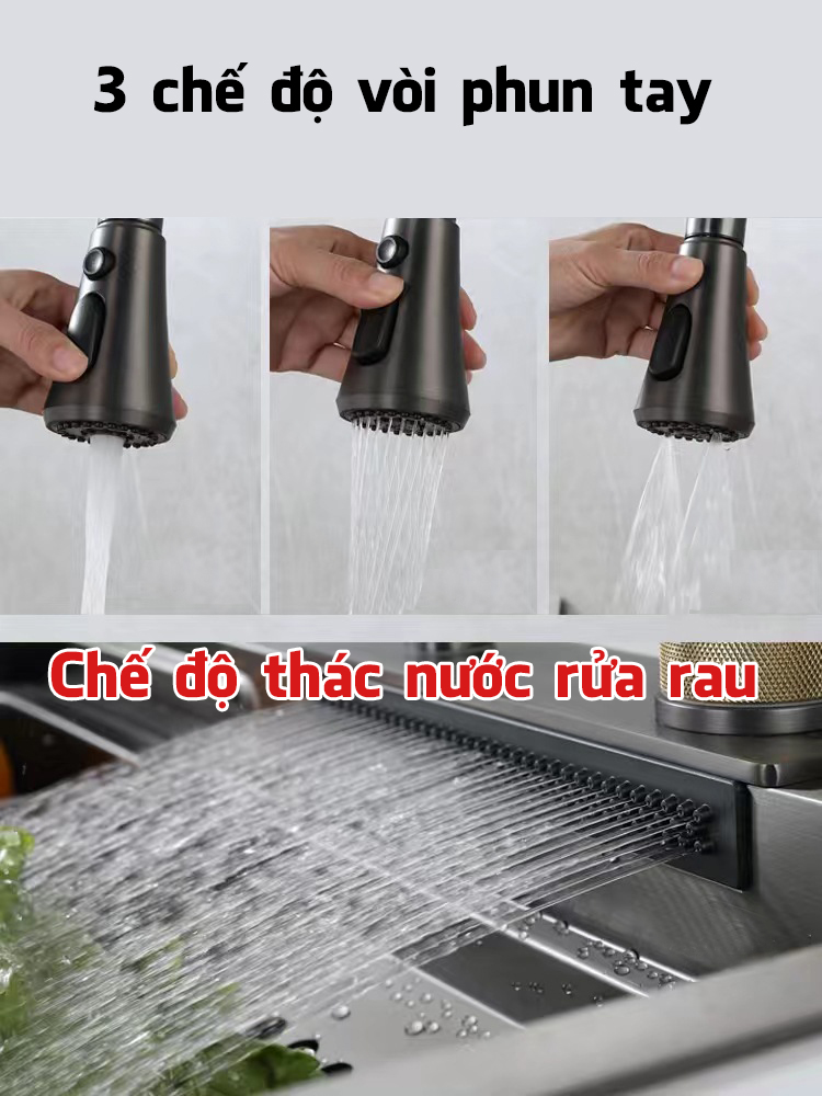 Bồn Chậu Rửa Chén Bát Vòi Thác Nước 1 Hố Nano Đen 75x46cm Lớn 