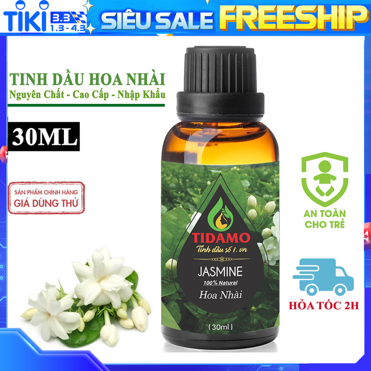 Tinh Dầu Hoa Nhài 30ML Nguyên Chất, Nhập Khẩu - Tinh Dầu Hoa Lài TIDAMO (Jasmine) Có Kiểm Nghiệm, Hương Thơm Dịu Nhẹ Quý Phái - Xông Thơm Phòng, Thư Giãn và Tốt Cho Sức Khỏe