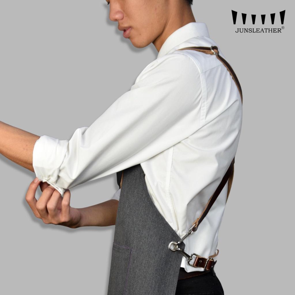 Tạp dề pha chế vải canvas dây da của Junsleather phối da bò cao cấp dành cho Barista/Bartender