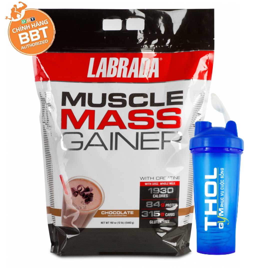 Combo Sữa tăng cân Muscle Mass Gainer vị Chocolate của Labrada, hỗ trợ tăng cân tăng cơ nạc - Bình lắc THOL
