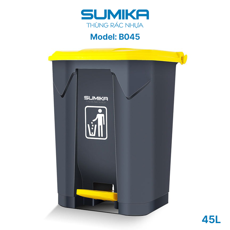Thùng rác nhựa gia đình SUMIKA B045, dung tích 45L, thùng màu xám, nắp vàng