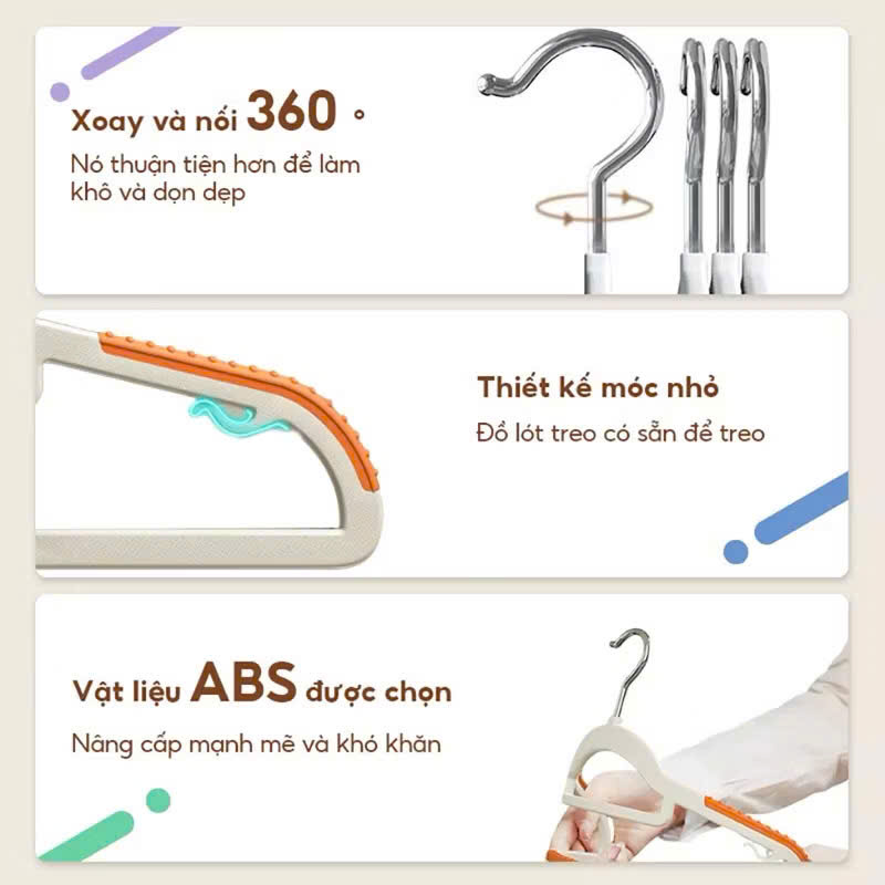 Set 10 móc treo quần áo chống trượt xoay 360, móc áo nhựa dẻo ABS chịu lực tốt