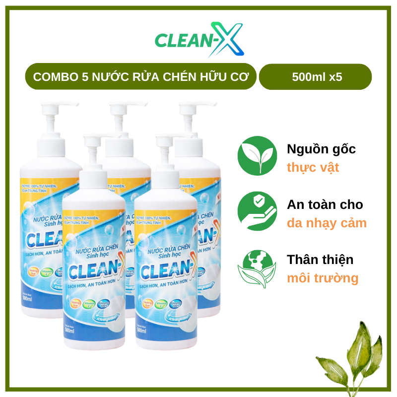 NƯỚC RỬA CHÉN BÁT SINH HỌC CLEANX 500ml - COMBO 5 CHAI 500ml