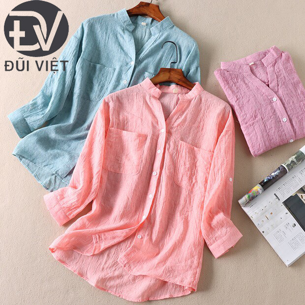 Áo sơ mi nữ hàn quốc, cổ trụ, chất vải đũi cực mềm, mát, form chuẩn, nhiều màu lựa chọn Đũi Việt DS99