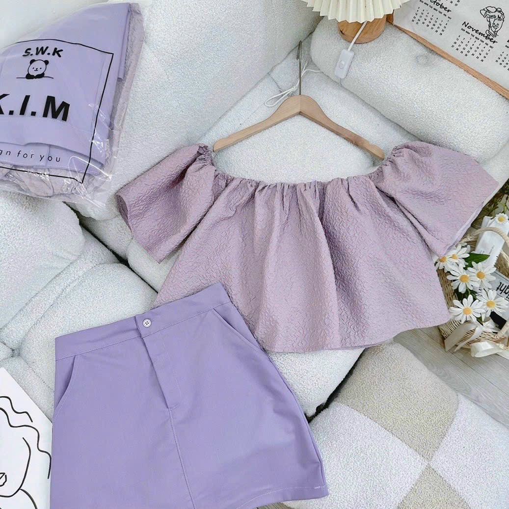 ĐẦM SET ÁO CROPTOP TRỄ VAI CỔ U TAY NGẮN BỒNG PASTEL TRƠN+ CHÂN VÁY NGẮN SUÔNG TRƠN CHỮ A TÍM QUẦN VÁY DẠO PHỐ DỰ TIỆC CÔNG SỞ ĐI BIỂN