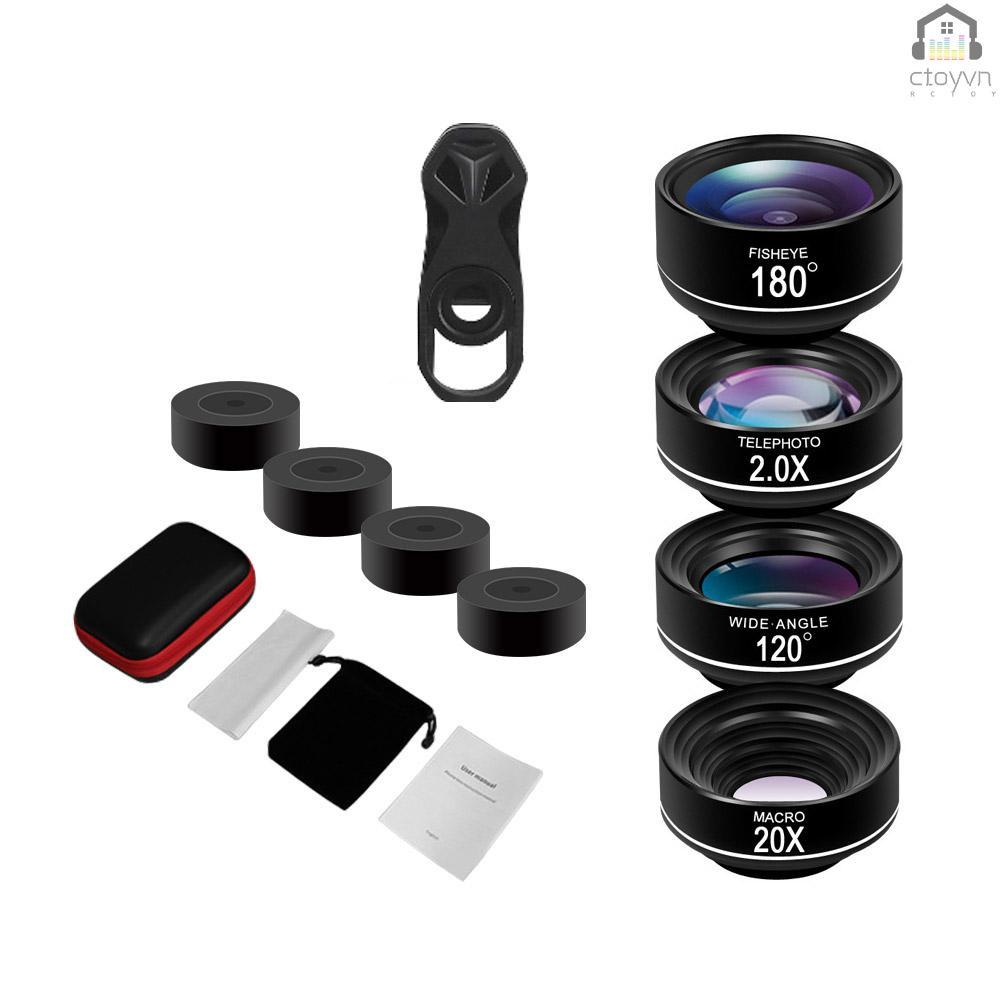 Bộ ống kính máy ảnh điện thoại 4 trong 1 180 Fisheye góc rộng 120x 2.0X kèm túi đựng bằng vải EVA