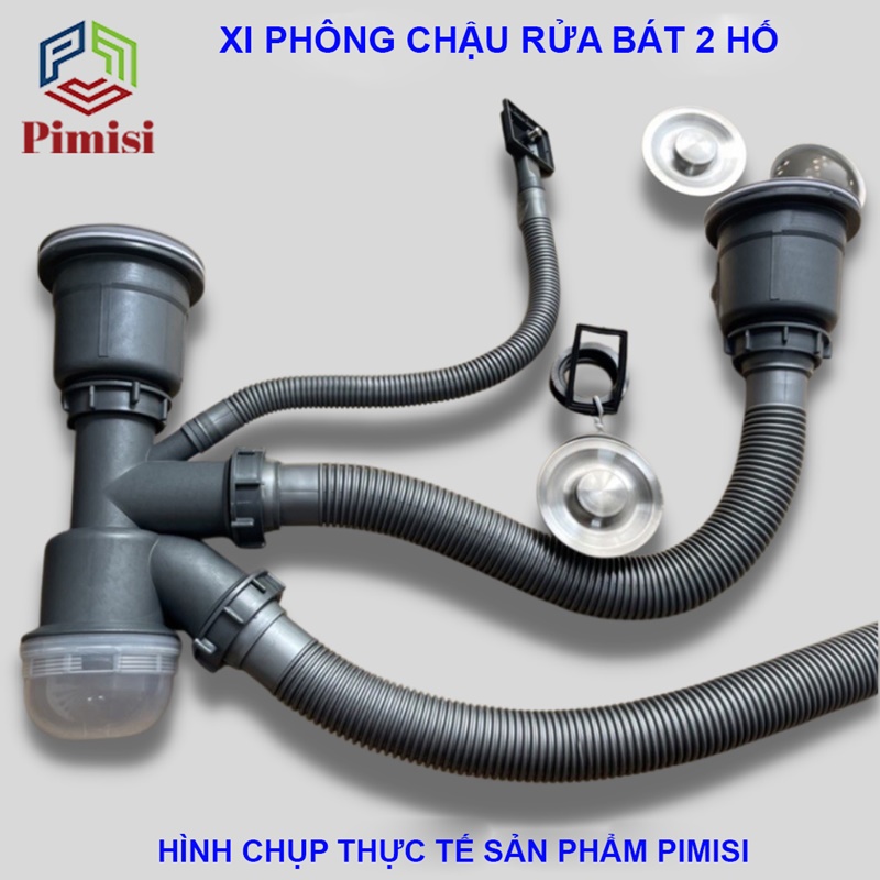 ﻿Xi Phông Chậu Rửa Chén Bát 2 Hốc Phi 110 Pimisi Cao Cấp Đầu Bầu Inox 304 - Dùng Để Xả Thải Nước Chậu Rửa Bát Đôi Dập Đúc Loại Ống Thải Nước To Bằng Nhựa Chun Uốn, Bầu Chống Mùi Hôi Và Giảm Dầu Mỡ Xuống Ống Dẫn - Có Đầu Thoát Tràn | Hàng Chính Hãng