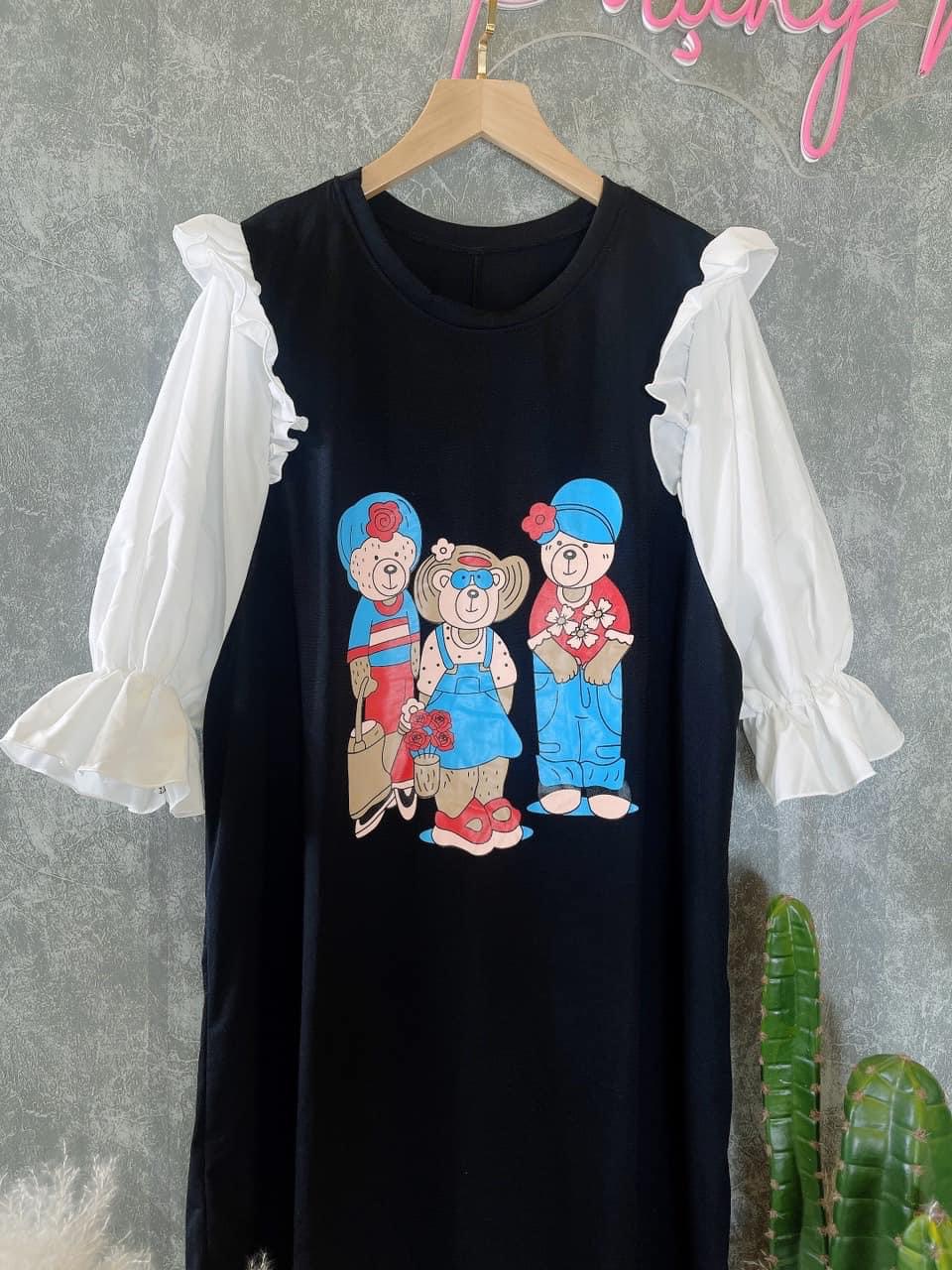 Đầm Thun Nữ 3 Gấu Phối Tay Phồng Hot, Thun Cotton Co Giãn Thoải Mái