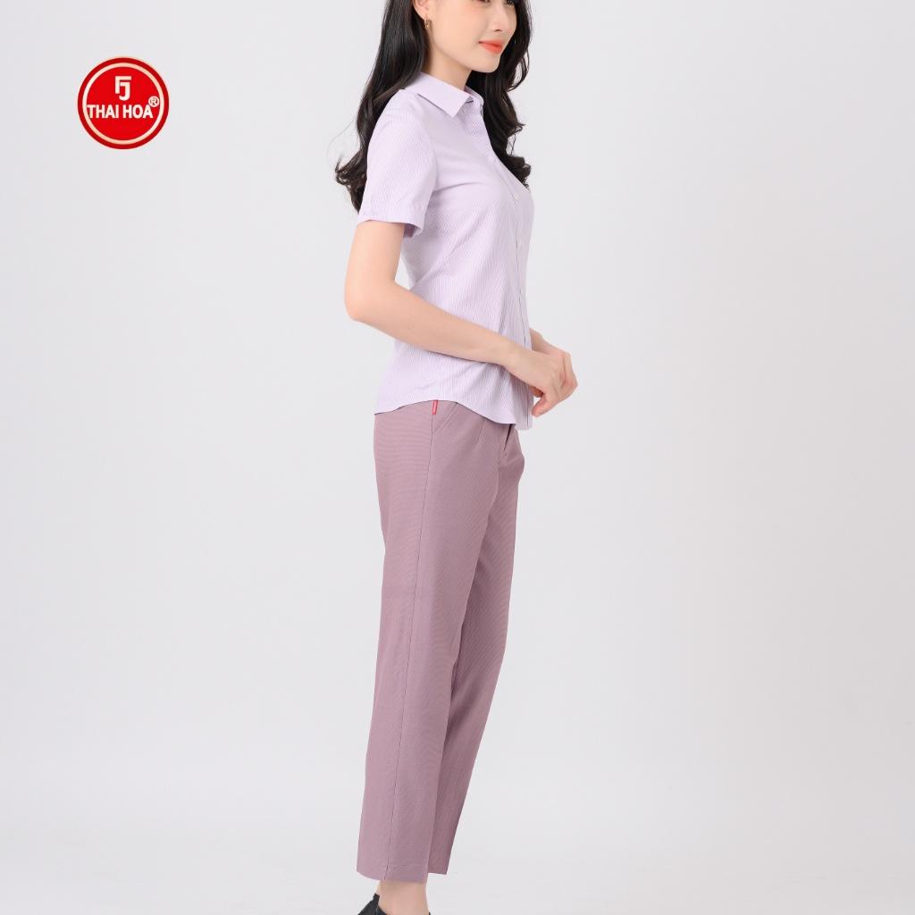 Áo sơ mi nữ Thái Hòa N640-10-01 ngắn tay màu hồng kẻ tăm trẻ trung