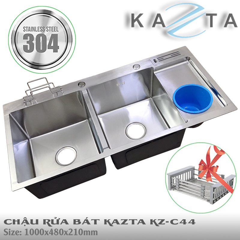 Chậu Rửa Bát Inox Cao Cấp KAZTA KZ-C43 C44 Loại 2 Hộc 1 Cánh - Kích thước 100x48cm rộng rãi tiện dụng