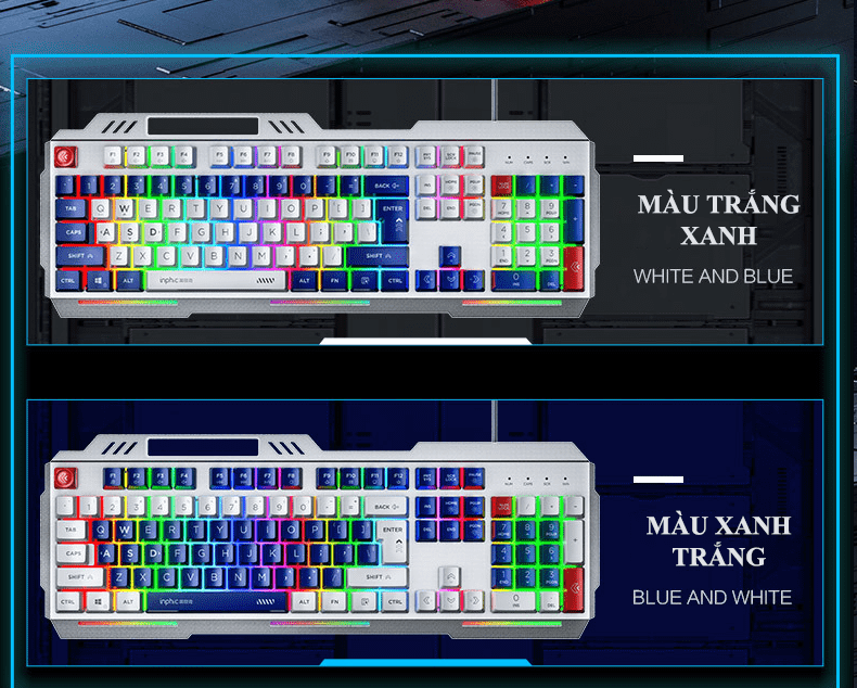 Bàn phím giả cơ chuyển game INPHIC K9 thiết kế phối màu bắt mắt kèm theo đèn led 7 màu chớp nháy cực đẹp