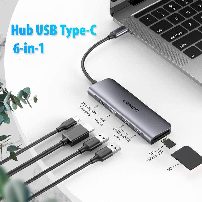 Hub chuyển đổi Ugreen USB-C sang 2*USB3.0-A + HDMI + TF/SD kèm sạc nhanh TypeC CM195- hàng chính hãng