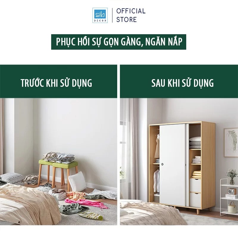 Tủ Quần Áo Kết Hợp Cửa Lùa Hiện Đại SIB Decor Màu Trắng Phối Vân Gỗ Sồi