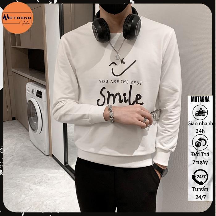 Áo thu đông Hàn Quốc, Áo nỉ nam tay dài cổ tròn dáng ôm in ngực Smile mã NZ696
