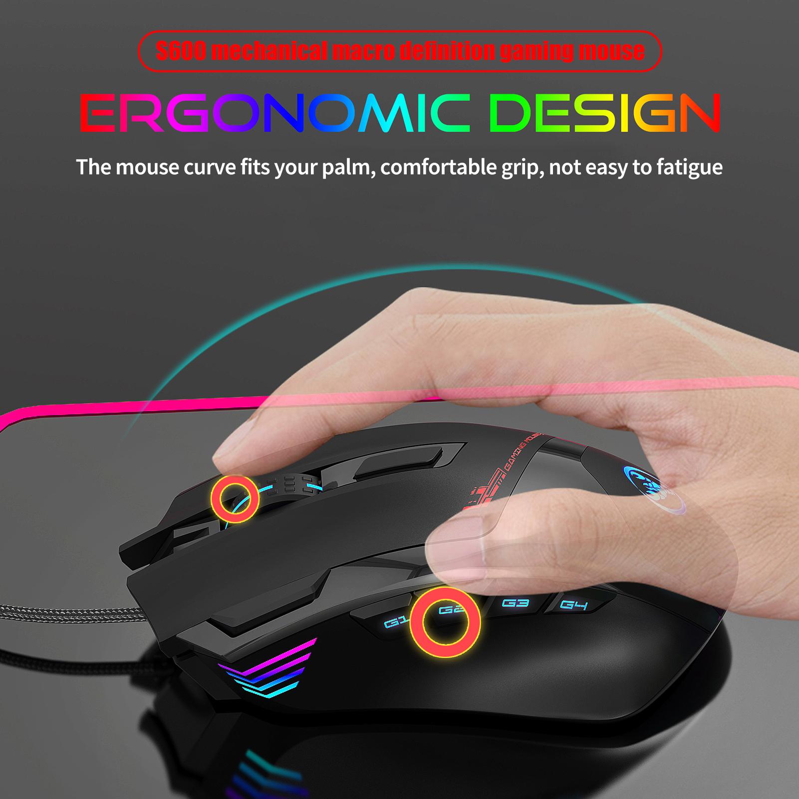 HXSJ S600 Wired Macro Programming Gaming Mouse 9 Keys Ergonomic Mice with 6 Adjustable DPI RGB Light Effect