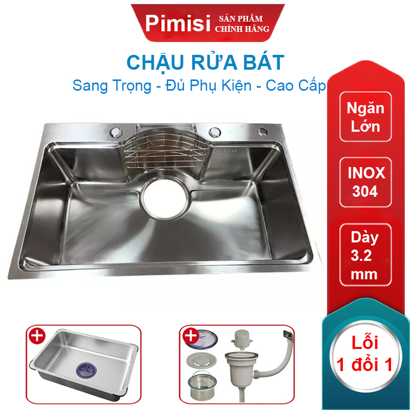 Chậu Rửa Bát INOX 1 Hố Lớn Pimisi Làm Từ Thép Không Gỉ SUS 304 Cao Cấp Kiểu Bán Nguyệt Ngăn To 1 Hố KT 7546 Và 7848, Kèm 1 Khay Bồn Rửa Chén Nhỏ Đơn Gác Bồn Sang Trọng Với Đầy Đủ Phụ Kiện Xi Phông Siêu To, Gắn Được Âm - Dương Bàn Đá Bếp | Hàng Chính Hãng