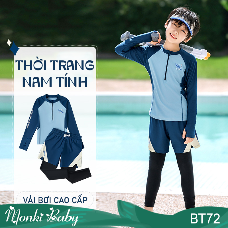 Bộ bơi bé trai chống nắng cao cấp, áo bơi dài tay khóa kéo, quần dài 2 lớp chất thun bơi lạnh, thời trang nam tính, có size lớn | BT72