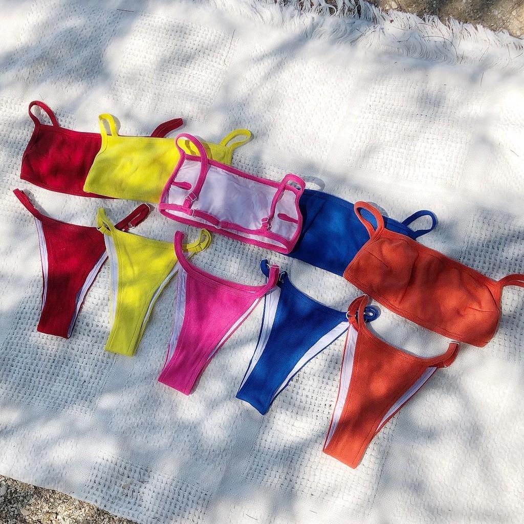 Set Bikini Cami Plain áo hở lưng có mút và quần dây LOVEKIUTEE