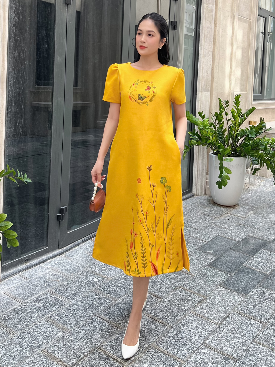 [HCM]  Đầm suôn chữ A phối họa tiết in giả thêu thanh lịch DA120 - KHÁNH LINH STYLE