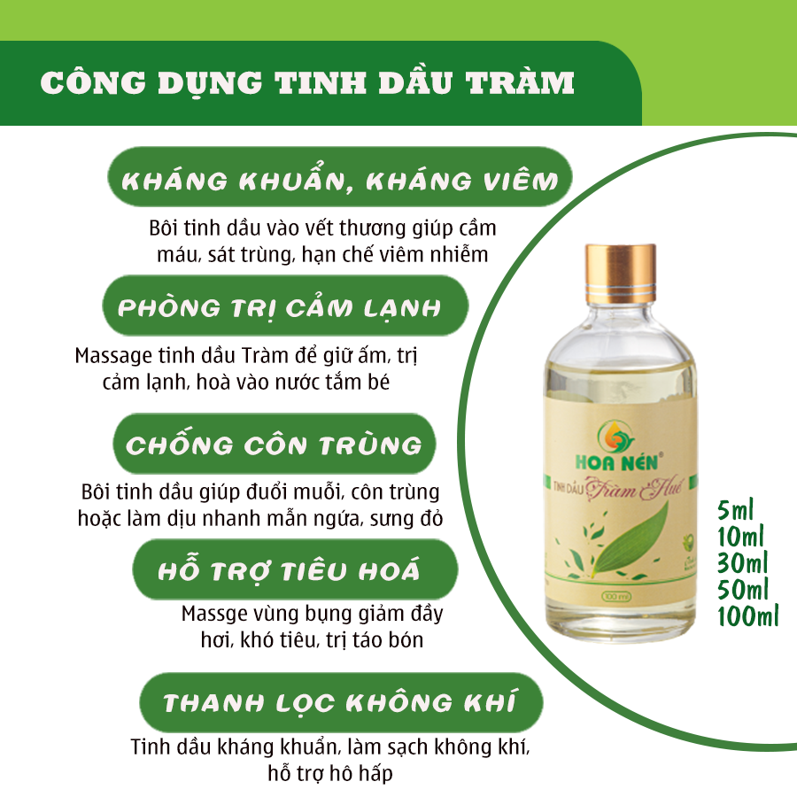 Tinh dầu Tràm Huế nguyên chất Hoa Nén 10ml - Chuẩn VietGAP - Chăm sóc sức khỏe mẹ và bé