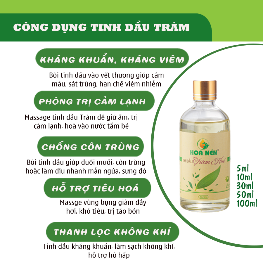Tinh dầu Tràm Huế nguyên chất Hoa Nén - Chuẩn VietGAP - Chăm sóc sức khỏe mẹ và bé - dạng bi lăn 10ml