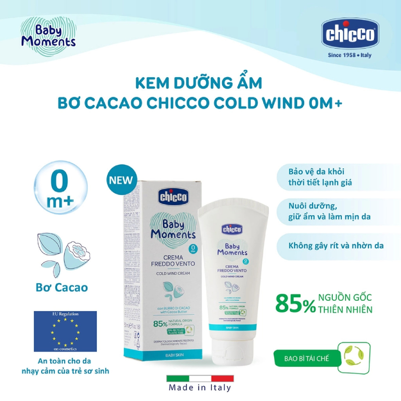 Kem dưỡng ẩm cho bé chứa Omega và Vitamin E Chicco 0M+ 100ml