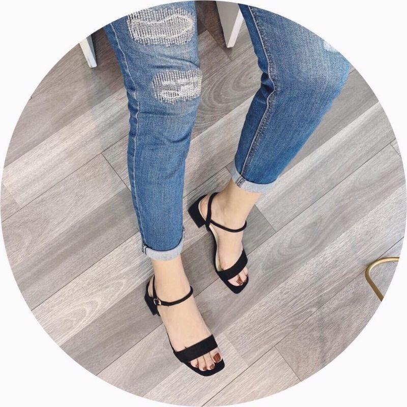 Sandal quai ngang da lộn gót trụ - 5P