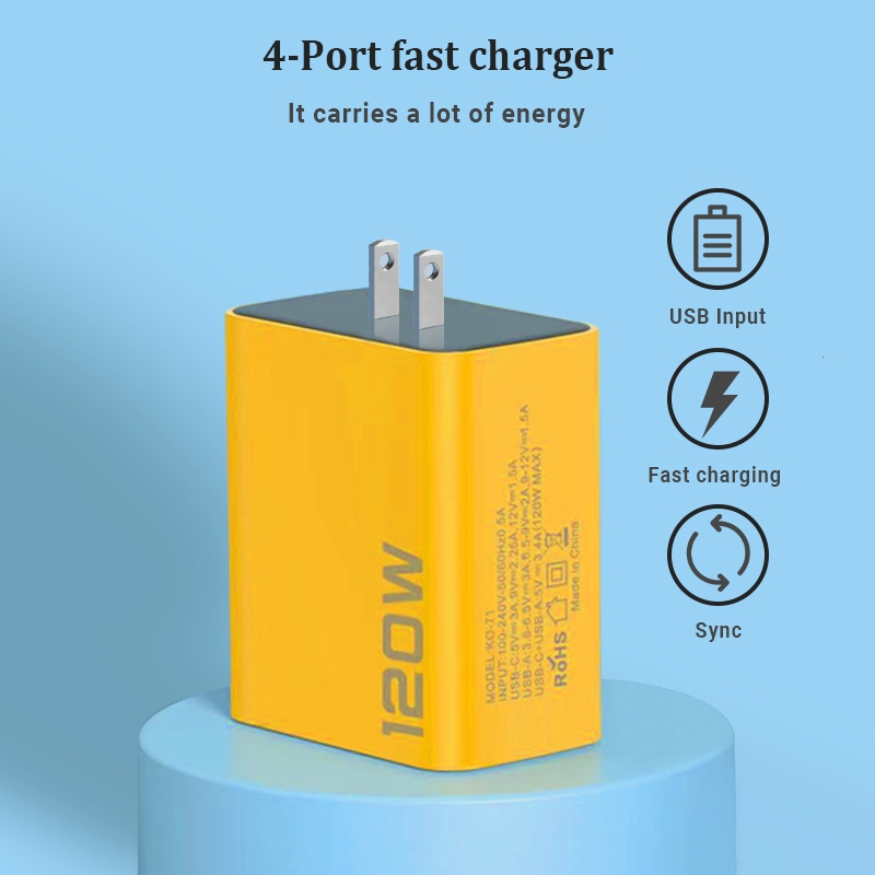 Củ Sạc Nhanh 120w đa năng gồm 2 cổng Type-C và 2 cổng USB, tặng kèm cáp 1 sạc Type C - Hàng nhập khẩu