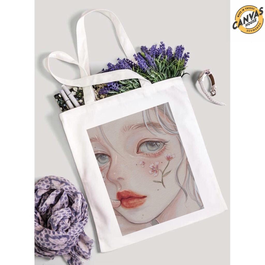 TÚI TOTE VUÔNG VẢI CANVAS ĐEO VAI CÔ GÁI CỔ TRANG