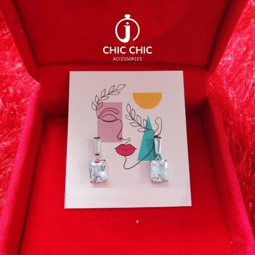 Bông Tai Bạc Nữ, Bông Tai Đính Đá Zircon Hình Vuông| Bông tai Chic Chic A12