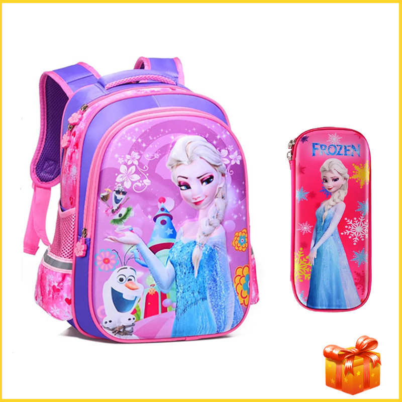 Balo Đi Học Cho Bé Gái Màu Hồng Màu Tím In Nổi 3D Hình Công Chúa Elsa FROZEN Cấp 1 Tiểu Học TE3