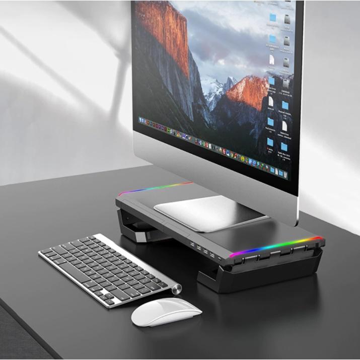 Giá Đỡ Màn Hình 4 Cổng USB 3.0, Bàn Làm Việc Đa Chức Năng, Đế Nâng Màn Hình Studio RGB Core Obsidian