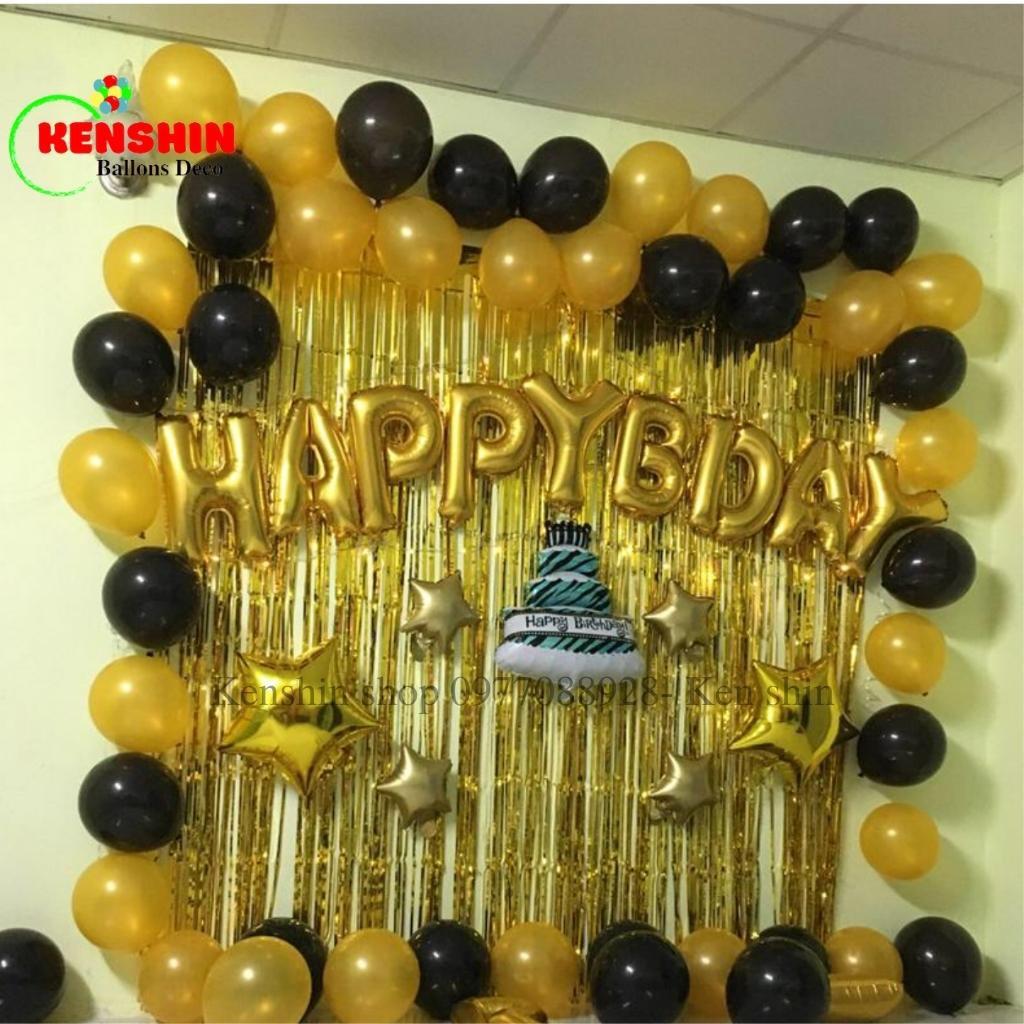 Set Bóng Trang Trí Sinh Nhật Gồm Bóng Chữ Happy Birthday, 2 Rèm Kim Tuyến 50 Bóng Bay cho Bé Trai, Bé Gái KS001