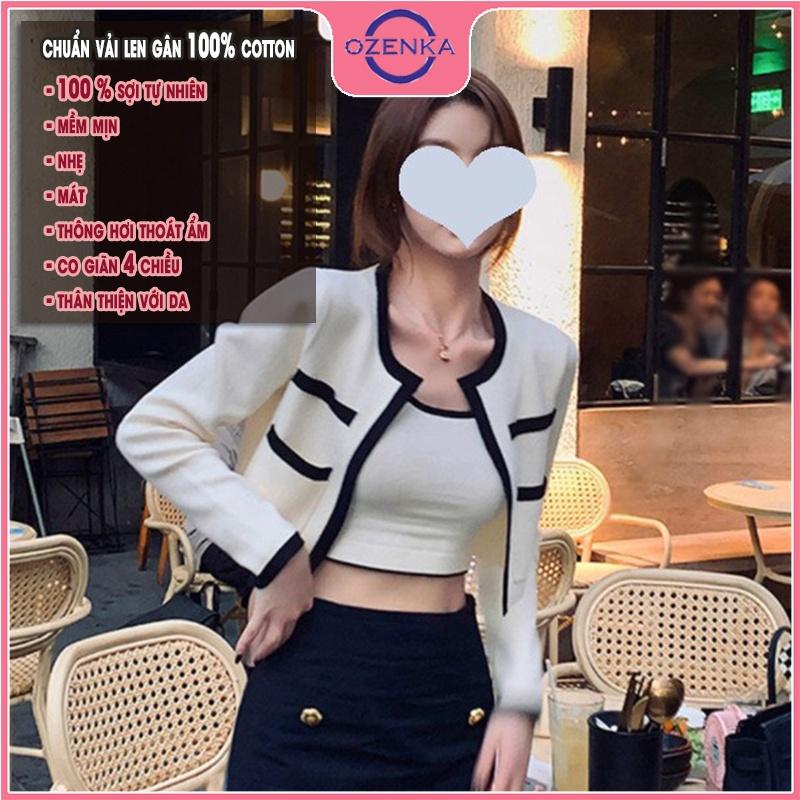 Áo khoác cardigan len croptop tay dài nữ có túi OZENKA chất len gân cotton 100% cao cấp đẹp màu đen trắng